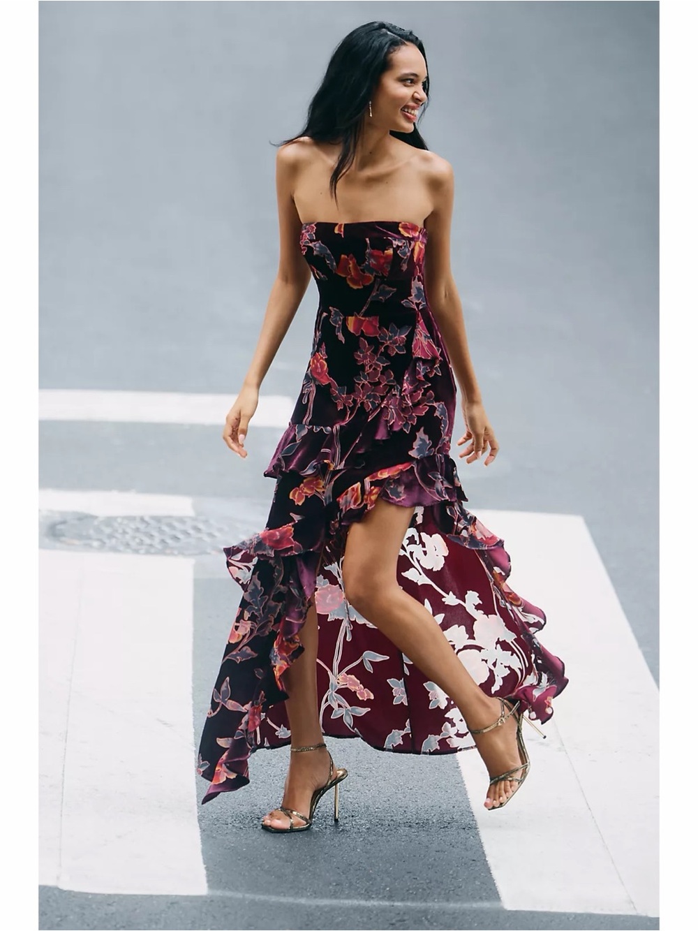 Anthropologie Endless Rose Wine Velvet Strapless High Low Ruffle Cocktail Dress